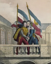 O duque de Orleães abraça o general La Fayette e iça as cores nacionais no terraço do Palais-Royal, 30 de julho de 1830
